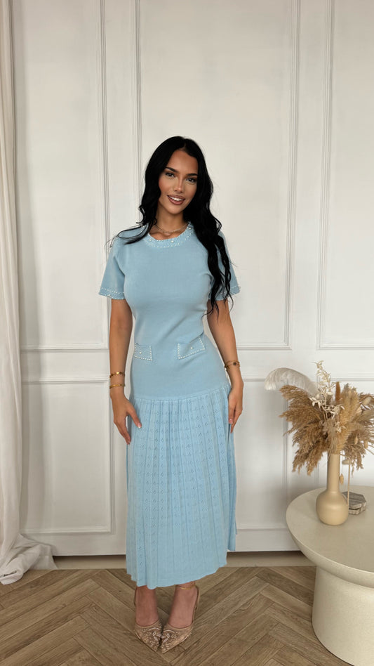 Pearl Trim Knit Pleated Midi Dress – Baby Blue