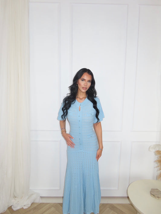 Blue Textured Knit Maxi Dress