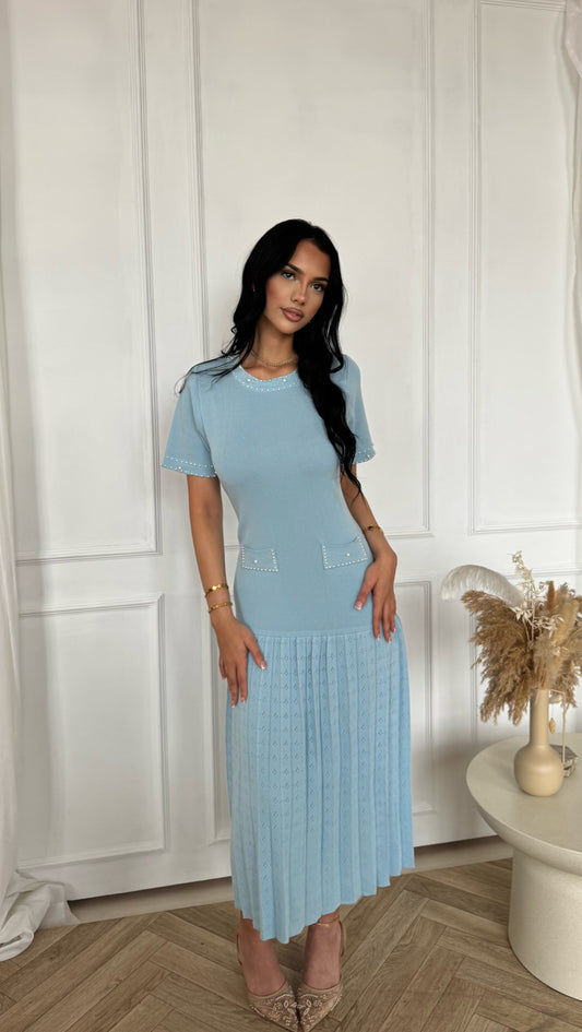 Pearl Trim Knit Pleated Midi Dress – Baby Blue
