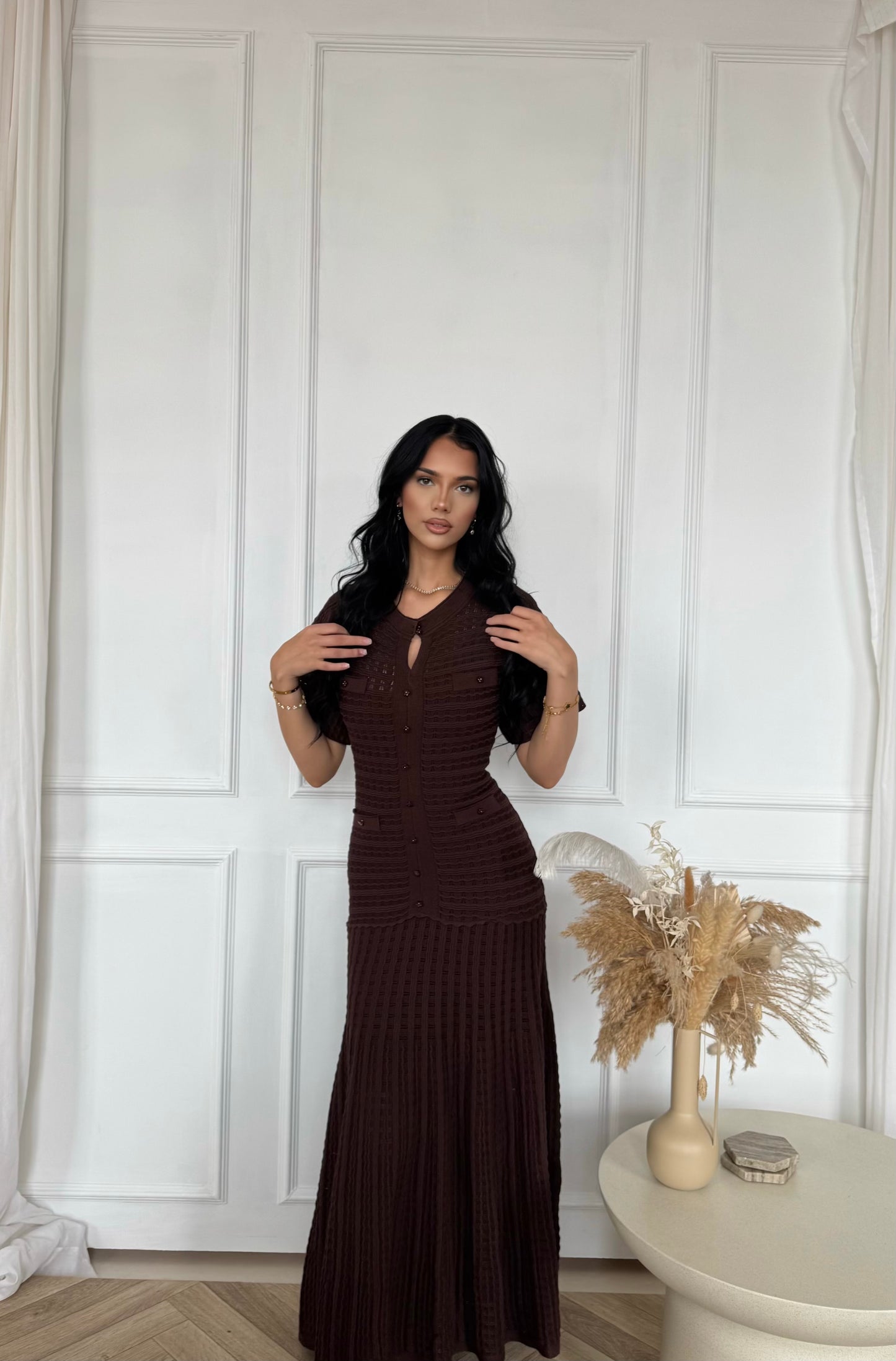 Brown Textured knit maxi dress