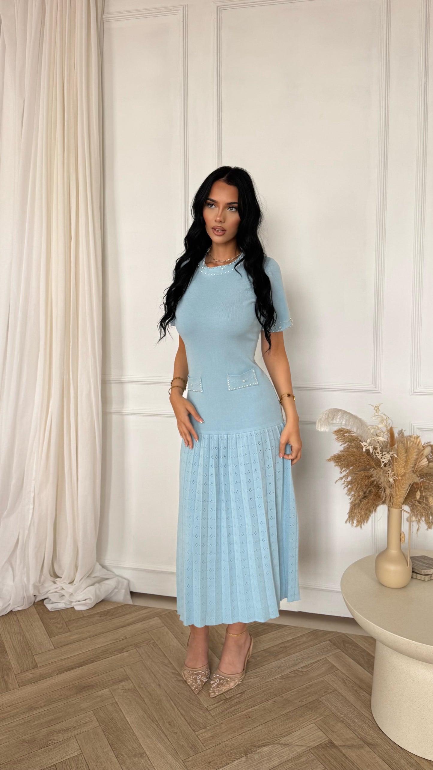 Pearl Trim Knit Pleated Midi Dress – Baby Blue
