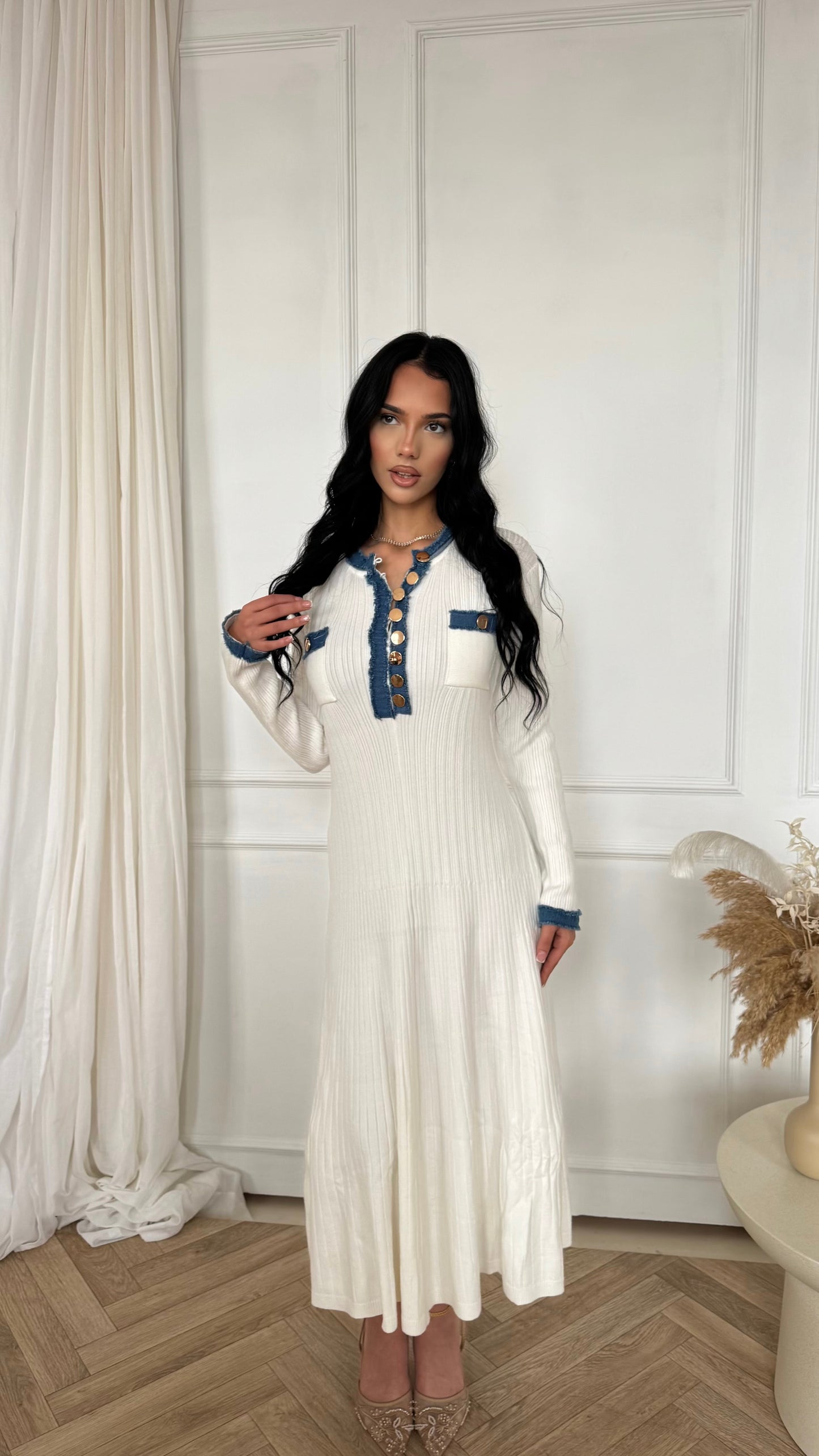 White Ribbed Knit Denim Trim Midaxi Dress