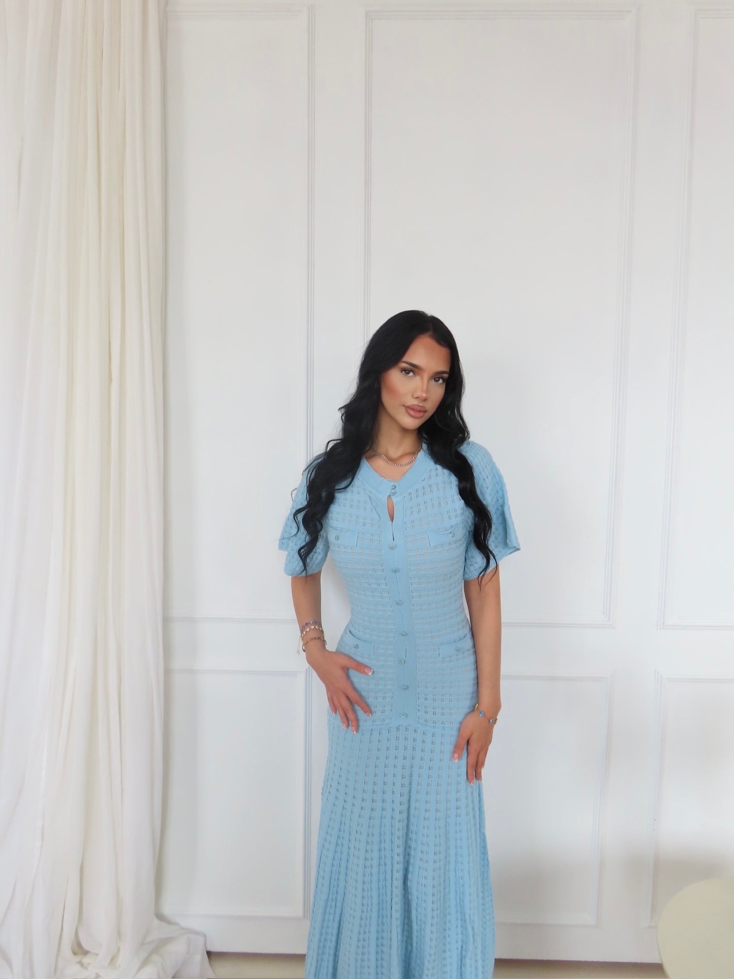 Blue Textured Knit Maxi Dress