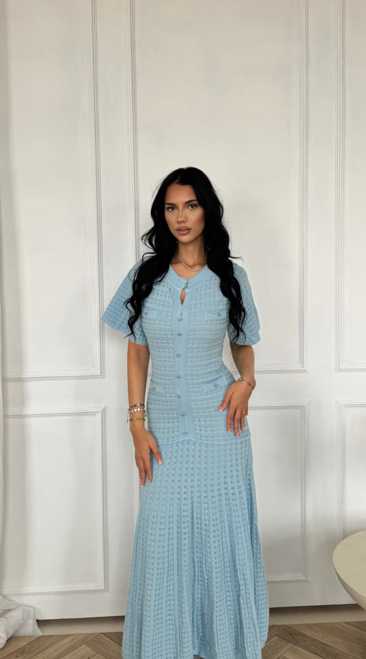 Blue Textured Knit Maxi Dress