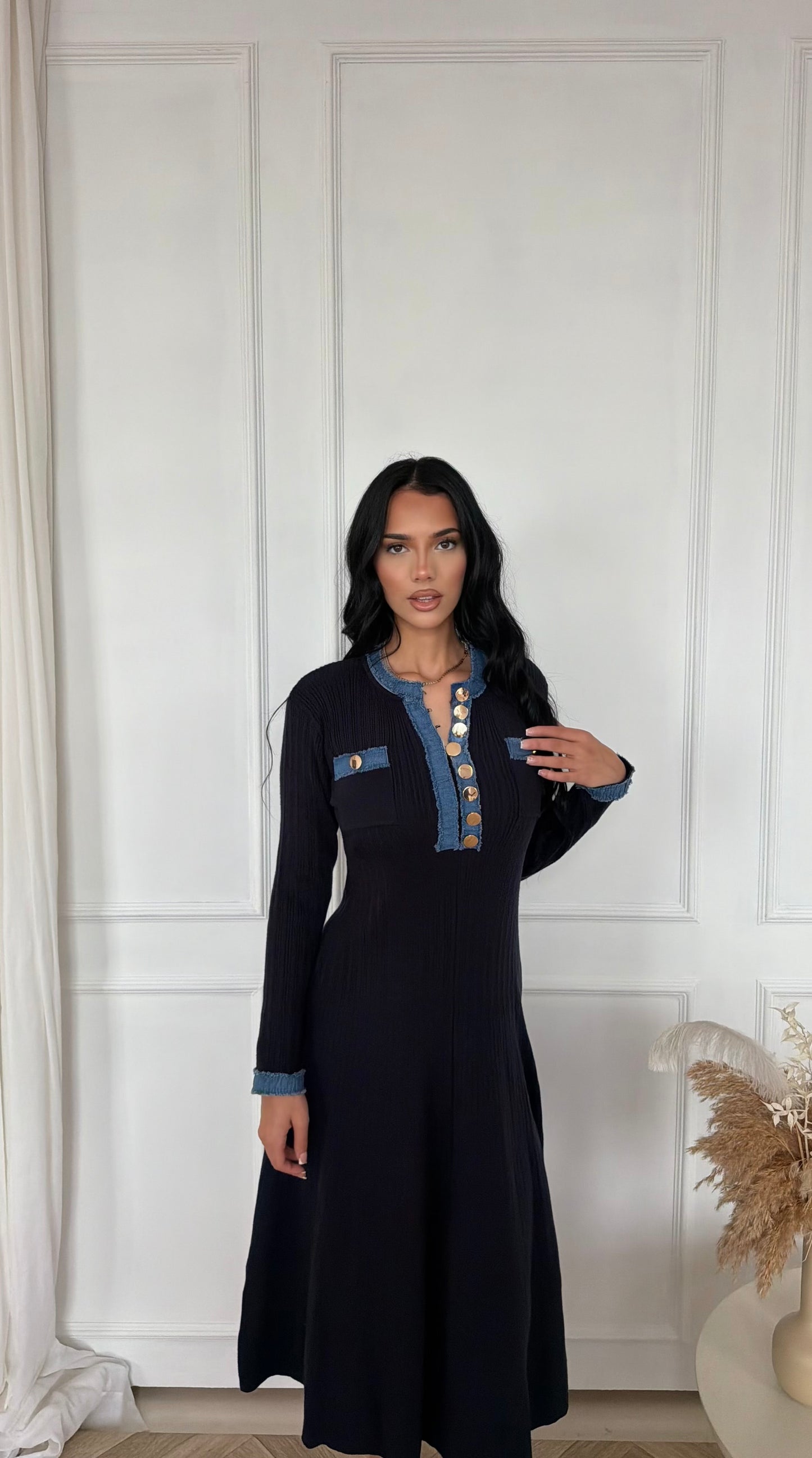 Navy Ribbed Knit Denim Trim Midaxi Dress