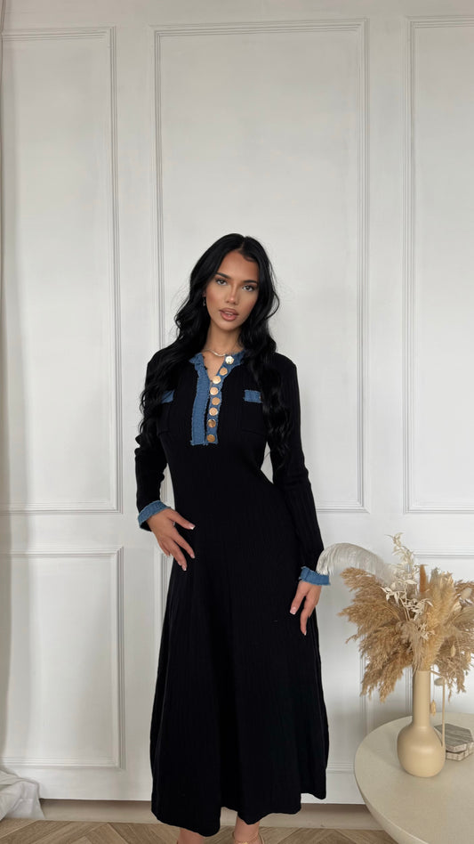 Black Ribbed Knit Denim Trim Midaxi Dress