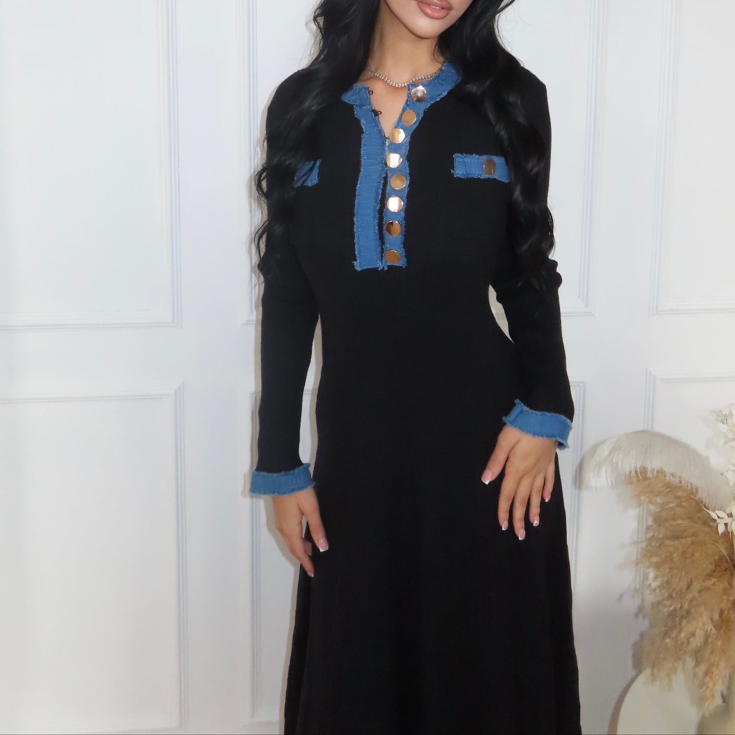 Black Ribbed Knit Denim Trim Midaxi Dress